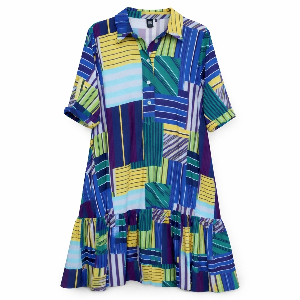 LIOR Paris XL Colorblock Patchwork Stripe Midi Shirt Dress Blue Green Artsy Chic